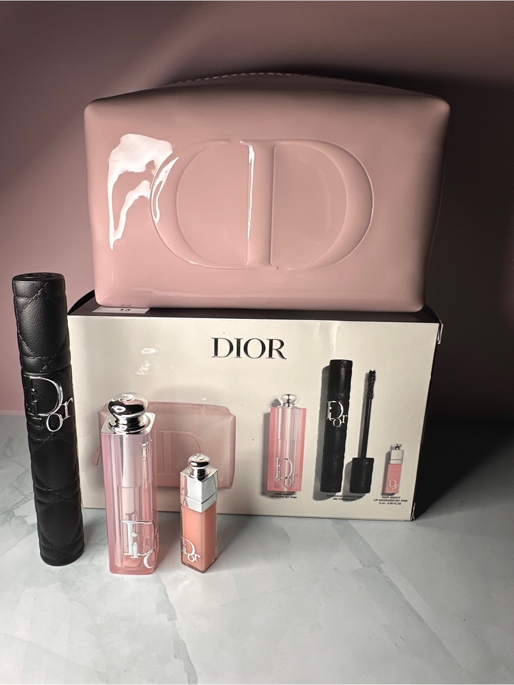 Dior Women's Pink Cosmetic Set with Quilted Black Mascara Case